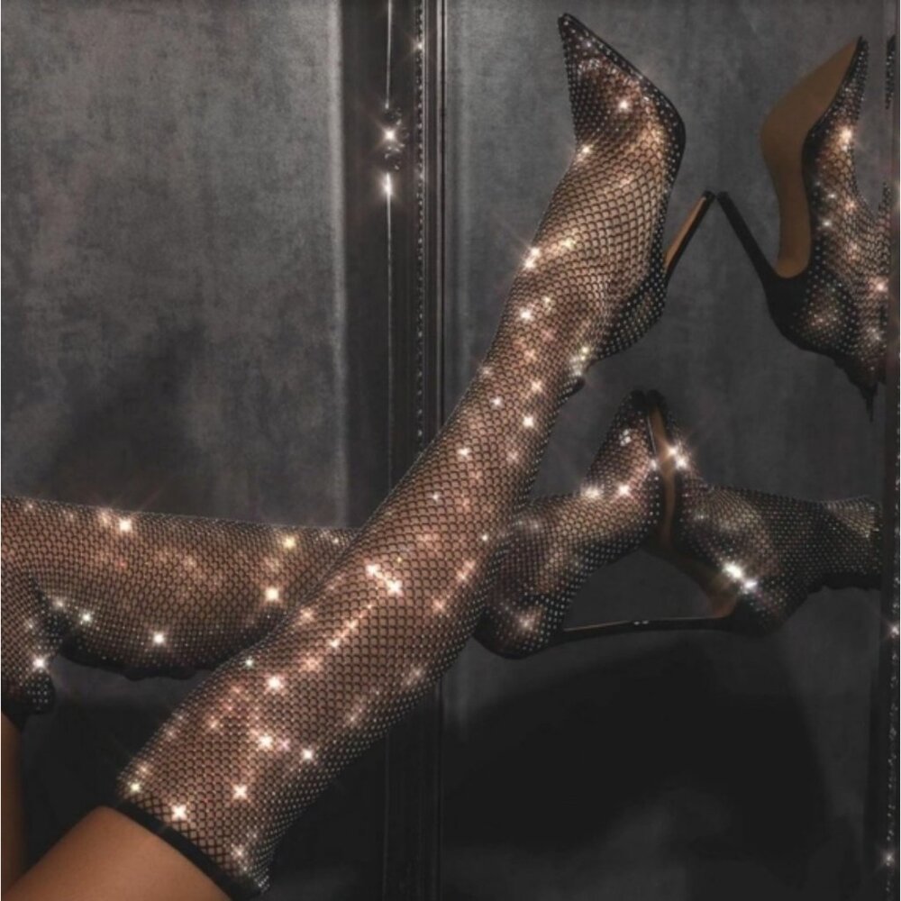 NIB Rhinestone Embellished Over-The-Knee Super Stretch Pointed Toe Stiletto Heel - Picture 10 of 16